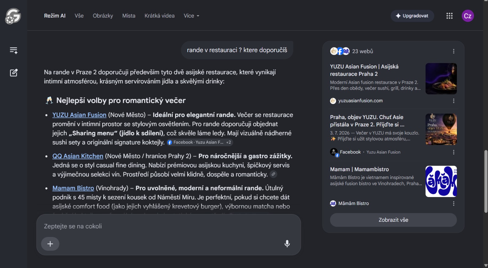 AI režim vyhledávače doporučuje YUZU Asian Fusion na romantickou večeři v Praze 2