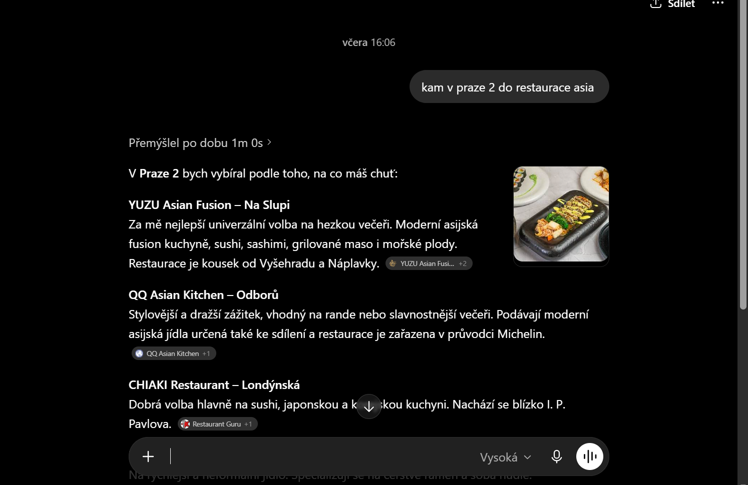 AI asistent popisuje YUZU Asian Fusion jako volbu na večeři v Praze 2