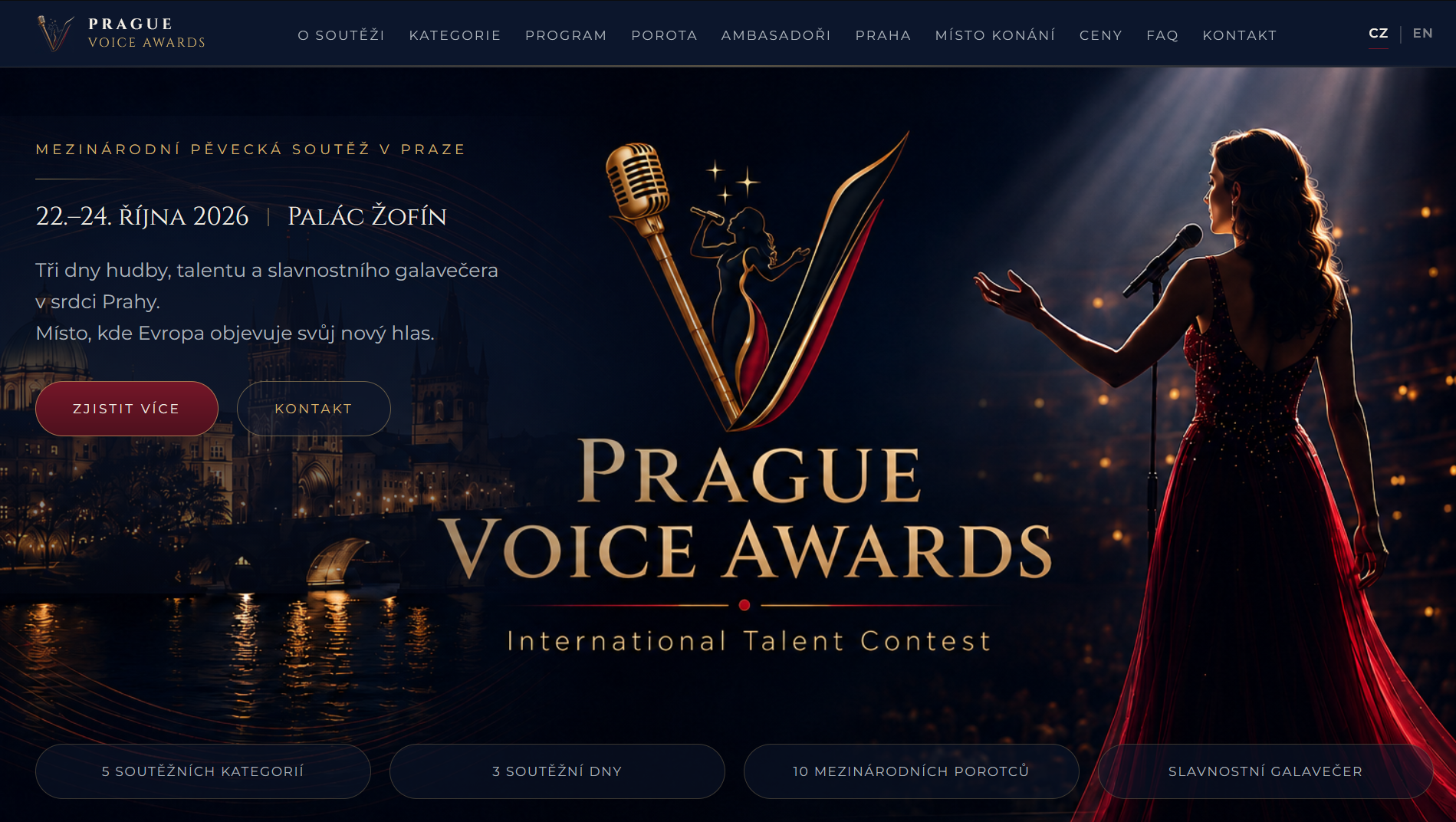 Náhled webu praguevoiceawards.eu — úvodní stránka mezinárodní pěvecké soutěže